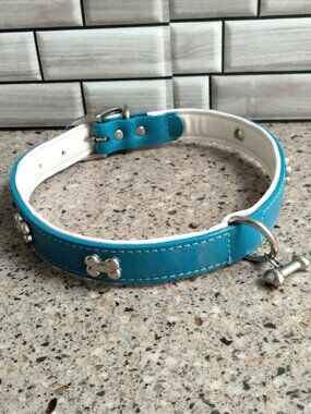 Blue, White & Chrome Leather Dog Collar 26" LARGE